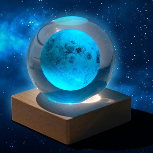 Funmo 60mm Sfera di Cristallo 3D Lunare con Luce Notturna Blu, Luna Lampada Luna 3D ad Incisione Laser con Base in Legno, USB Ricaricabile, Decorazione per Camera da Letto e Regali, Regali Ragazza