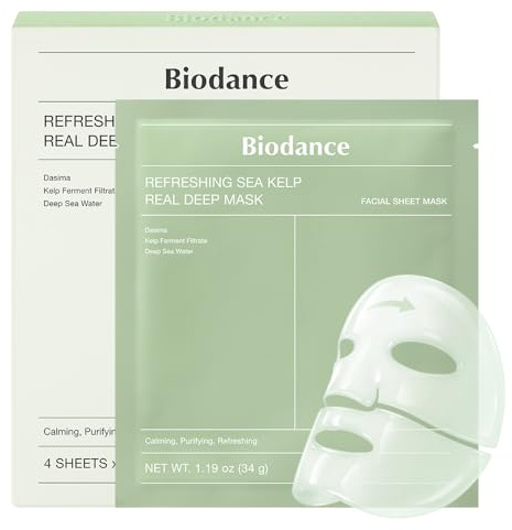 BIODANCE Refreshing Sea kelp Real Deep Mask, Overnight Hydrogel Face Mask, Calming, Oil & Sebum Control, Blemish Care, After Sun Care, Sunburn Relief, Korean Skin Care | 1.19oz(34g) x 4ea