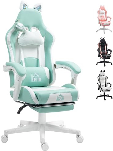 HOMCOM Silla Gaming con Orejas Reclinable 135° Altura Ajustable Verde Menta | Silla Gamer Racing de Cuero PU, Altura Ajustable, Orejas Conejo, Reposacabezas, Reposapiés Retráctil, Oficina/Estudio