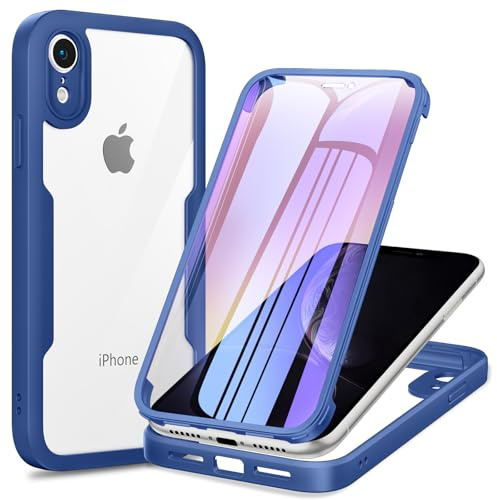 Phoona Funda para iPhone XR con Protector de Pantalla Transparente, 360 ​​Grados Carcasa Cuerpo Completo Protector Silicona Antigolpes, Funda Antiarañazos para iPhone XR, Azul