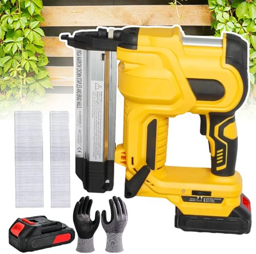 Agrafeuse Sans Fil Brad Nailer Pour Projet De Bricolage De Tapisserie D'ameublement,Pistolet À Clous/Agrafeuse Électrique 2 En 1 Avec Clous/Agrafes De Calibre 18,Gants Et 1 Batterie,yellow