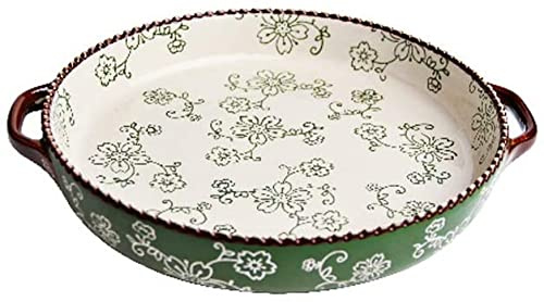 Teglia da forno in ceramica, stile semplice, manico a doppio orecchio, in porcellana, smaltata, durevole, multifunzione, texture colorata, rosso-verde