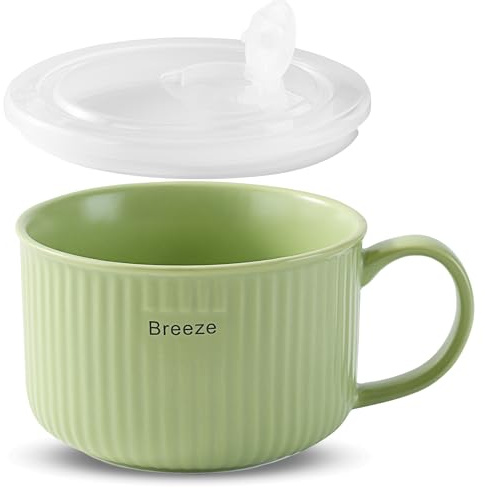 mehrido Keramik Suppenschalen mit Griff und Deckel, 750 ml Große Suppentasse für Suppe, Instant-Nudel, Müsli, Suppenbehälter, Mikrowellen- und Spülmaschinenfest (Grun)