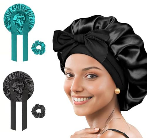 BeoTnp Silk Bonnet For Sleeping, Set Of 2, Black & Green, Adjustable, Lightweight, Breathable, Washable, For Women, Spring/Summer