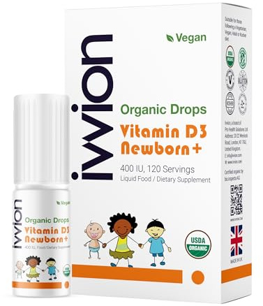 Organic Vegan 400IU, Vitamin D3, 120 Drops – Baby Drop for Infants & Toddlers | USDA Organic, Non-GMO, Plant-Based, No Additives or Preservatives, All Natural, Made in UK
