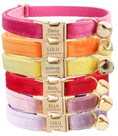 Personalisiertes Katzenhalsband – individuell gravierter Name und Telefonnummer, weicher, verstellbarer Stoff, sichere Metallschnalle (Samt)