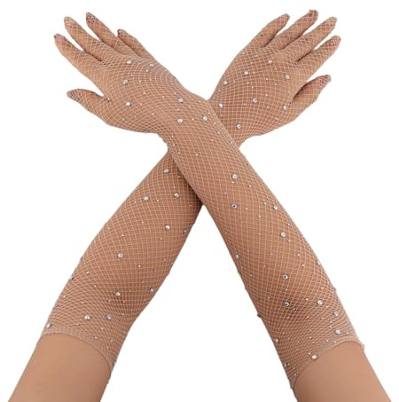Mikovivi Rhinestone Long Fishnet Gloves, 17.7in Fishnet Arm Sleeves Elbow Length Mesh Rave Gloves Bling Arm Warmers Costume Accessories for Women Girls Evening Party Prom (Camel)