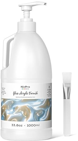 Nicpro Gloss Varnish for Acrylic Painting, 33.8oz Bottle with Pump, Non-Yellowing, Non-Toxic, Anti-Crazing, Clear Acrylic Varnish for Artist, Hobby Painter on Canvas Artwork, Wood, High Gloss Finish