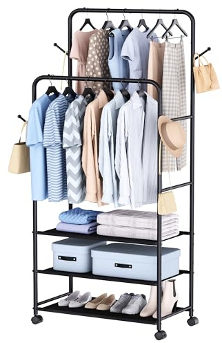 Whitmor Double Rod Clothes Rack: Metal Rolling Clothing Racks for Hanging Clothes, Heavy Duty Garment Rack with 3 Shelves, Portable Clothes Organizer for Bedroom, Laundry, Living Room, Black
