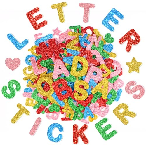 320Pcs Foam Letter Stickers,Glitter Foam Alphabet Stickers Self Adhesive,1.5 inch 1 inch Colourful Letters Heart Star Stickers for DIY Crafts Scrapbook Classroom Supplies School Project Decor(Letter)