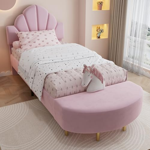 Kebnor Polsterbett, Einzelbett, Samtkopfteil, Mit Einer Bettbank in gleicher Farbe, Weiche Antikollisions-Schwammkante, Stabiler Bettrahmen, Samt + Sperrholz, Rosa (90x200cm)