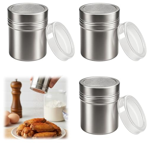 3PCS Icing Sugar Shaker, Chocolate Shaker for Cappuccino, Fine Mesh Icing Sugar Shaker Duster, Easy to Clean, Stainless Steel with Cover for Kitchen Drinks Baking, Icing Sugar Salt (Silver)