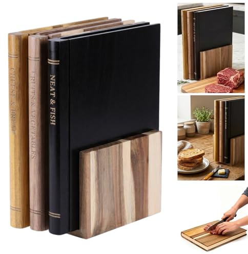Wooden Chopping Board Set with Storage Bracket - Decorative Book Design Cutting Boards for Meat, Vegetables and Bread - Kitchen Utensils & Durable Kitchenware