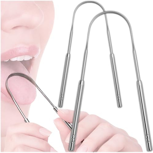 KRUMAD Zungenschaber aus Edelstahl 2er Set, Zungenreiniger gegen Mundgeruch, hygienischer Zungenreiniger aus 420 Edelstahl für tägliche Zahnpflege und frischen Atem | 2er Set, aus 420 Edelstahl, Ergonomische Form, Abgerundete Kanten, zwei Griffe, effektive Reinigung, Geruchsresistent, Silber