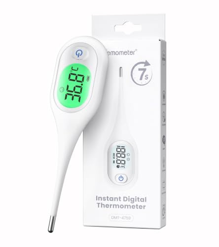 7S-Messung mit großem LCD-Digitalthermometer für Erwachsene & Kinder | gut ablesbar, 3-Farben-Alarm, 10 Speicher. Zuhause, Reise, Büro. Sonde abwaschbar, mit Hülle hygienisch lagern.
