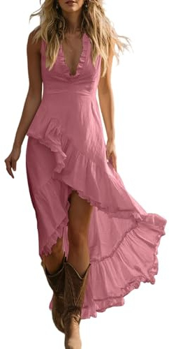 Summer Womens Ruffled High Low Hem Maxi Dress Womens Elegant White Sleeveless Deep V Neck Dress Asymmetrical Tiered Flowy Western Boho Skirt Ladies Wedding Guest Casual Temperament Long Dress