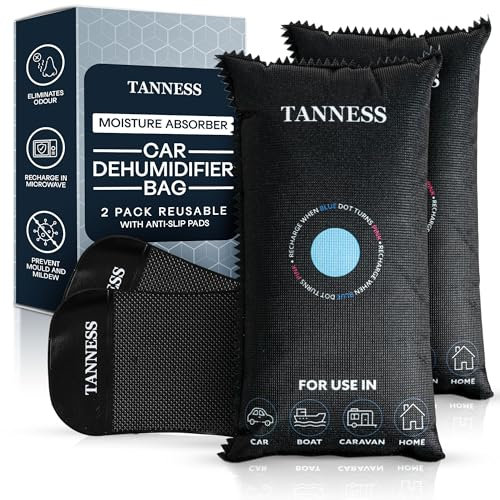Tanness 2 Pack x 1kg Car Dehumidifier Bags with Anti-Slip Pads - Essential Accessories, Moisture Absorber, Reusable, Recharges in Microwave - Multipurpose for Home, All Spaces & Vehicles