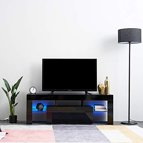Panana Modern 130cm TV Stand Unit Cabinet with LED Lights High Gloss Fronts TV Entertainment Cabinet with Storage Drawer and Shelves for Living Room Black
