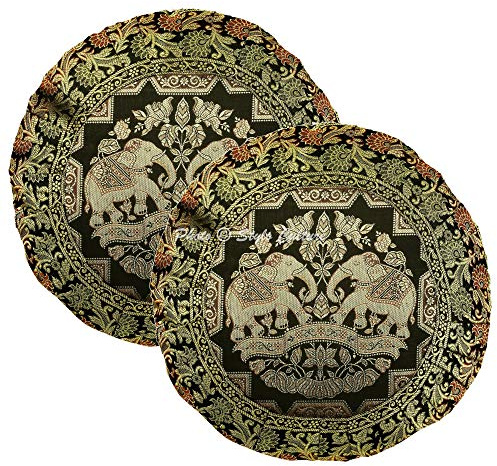 Stylo Culture Boho Forros De Cojines Decorativa 43x43 cm Brocado De Seda Elefante Fundas Almohadones Sofa Negro 17x17 Inch Jacquard Redondo Cremallera Fundas Cojines Dormitorio - 2 Pcs