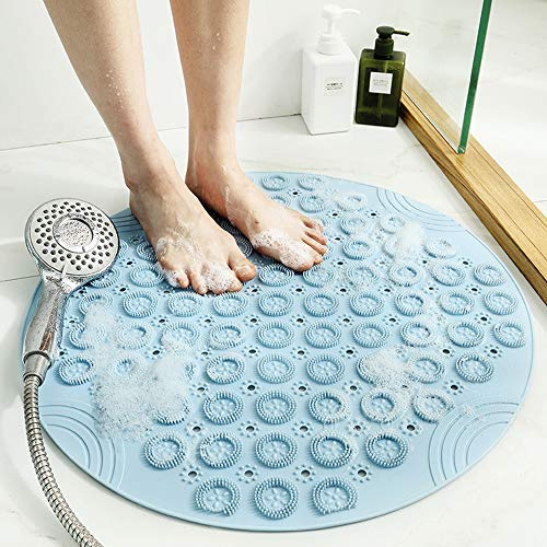 PVC Massage-Badematte, rund, Duschmatte, rutschfest, Badezimmermatte, Duschmatte, maschinenwaschbar, Badewannenmatte mit Ablauflöchern und Saugnäpfen, 55 x 55 cm, Blau