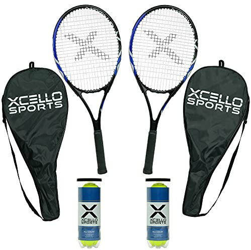 Xcello Sports 27 Aluminum Racket Set (Blue/Black) with 2 Tubes of Tennis Balls and 2 Covers
