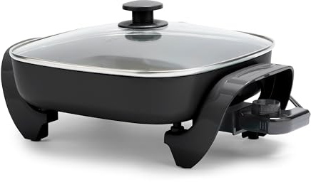 GreenLife 12 5QT Square Electric Skillet, Glass Vented Lid, Ceramic PFAS-Free Nonstick Coated Interior, Adjustable Temperature Control, Cool Touch Handles, Quick Even Heating, Scratch Resistant,Black