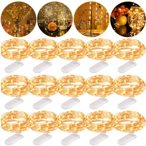 Frasheng Guirlande Lumineuse LED,15 Pack 20 LEDs 2M Guirlande en Cuivre,Guirlandes Lumineuses à Piles,Blanc Chaud Ambiance Lumière,Mini Guirlande LED a Pile,Mini Fairy Light interieur pour Fête,Noël