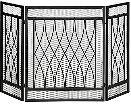 HOMCOM Faltbarer Kamin Funkenschutz 3-Scheiben-Kaminschirm mit Scharnieren und dekorativer Metallstruktur 126x3x80 cm Schwarz