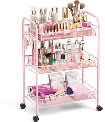 TOOLF 3 Tier Rolling Cart Pink - Metal Storage Organizer with Wheels, 33 lbs Shelf Capacity, Easy 5-Min Assembly, for Girls Room Bathroom Kitchen Office Nursery, Compact Design for Small Spaces, Pink