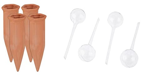 Relaxdays Tonkegel Bewässerung, 4er Set, Bewässerungshilfe für Pflanzen, 1,5 L Flaschen, 17 x 5,5 x 5 cm, terrakotta & Bewässerungskugeln, 4er Set, Dosierte Bewässerung, 2 Wochen, Transparent