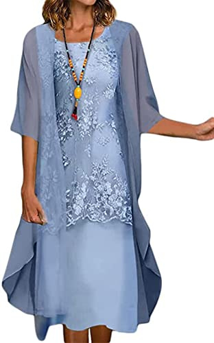 Tvådelad klänning för kvinnor, spetsklänning, festklänning, tvådelad bröllopsklänning, elegant klänning med kavajklänning, tärnklänningar, cocktailklänningar, aftonklänning (Color : Blue, Size : XL