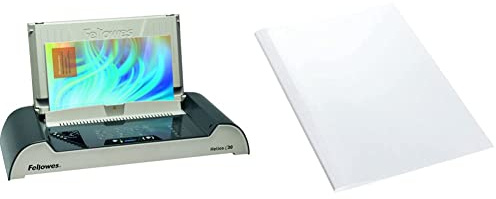 Fellowes 5641001 Büro Thermobindegerät Helios 30 platin/schwarz & Leitz 177161 Thermobindemappe Standard, A4, Rückenbreite 6 mm, 100 Stück, weiss