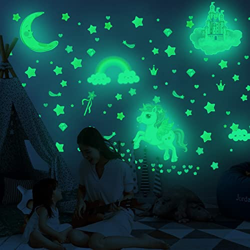 Wandtattoo Kinderzimmer Einhorn Mond Regenbogen Leuchtsterne Kinderzimmer Wandsticker Wandsticker Kinderzimmer Glow in the Dark Wandtattoo Kinderzimmer Mädchen Junge für Wanddeko Geschenke
