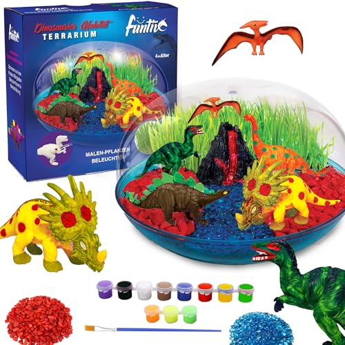 Dinosantier Terrarium Kit,Dinosaurier Habitat mit Acryl-Kuppel,Weizengras,6 Dino-Figuren,LED-Beleuchtung,Kreatives Spielzeug Geschenk für Kinder Malen und Pflanzen Set,STEM Spielzeug für Kinder