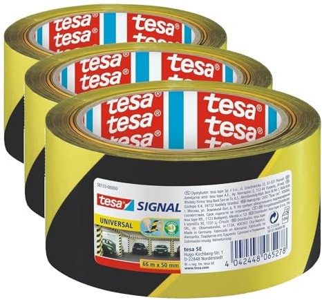 Tesa Signal Universel Ruban Adhésif de Marquage et d'Avertissement – Balise et Signalise les Zones Dangereuses – Résistant aux UV – Support PP solide – Noir/Jaune – 66 m x 50 mm (Lot de 3)