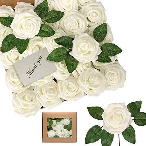 Künstliche Blumen Rosen, 25 Real Touch Gefälschte Schaumrosen DIY Gefälschte Rosen mit Stielen, Foamrosen für Hochzeitssträuße, Dekorationen, Tischaufsätze (Milchweiß)