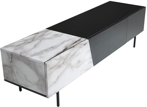 Wohnling Lowboard Schwarz mit Marmor-Dekor in Weiß 150x40x40 cm TV-Kommode Modern, Design TV-Schrank Niedrig, Fernsehtisch Fernsehschrank mit Türen & Schublade, Fernsehkommode Wohnzimmer