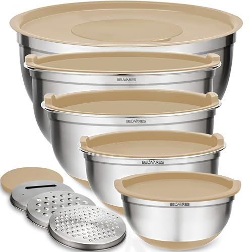 Belwares Mixing Bowls with Lids Set of 5 - Stainless Steel Mixing Bowl Set, Kitchen Nesting Metal Bowls with Non Slip Bottoms + 3 Grater Attachments, Airtight Lids, Food Prep + Storage, Matte Black