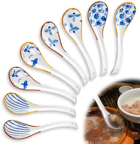 8 Stück Asiatische Suppenlöffel, 16 x 4.5 cm Retro Muster Chinesische Suppenlöffel, Ramen löffel mit Blumenmuster, Keramik löffel Geeignet für Knödel, Reisnudeln, Wonton, Nudeln und Suppen
