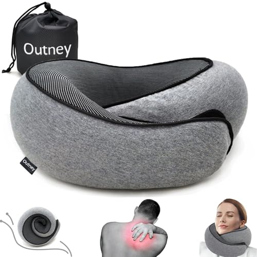 Outney™ Travel Pillow for Airplanes 2025 Veritable Chin Support Travel Neck Pillow 100% Pure Memory Foam Full Neck Surround Pillows for Traveling Flight Sleeping Portable Travel Essentials (Grey)