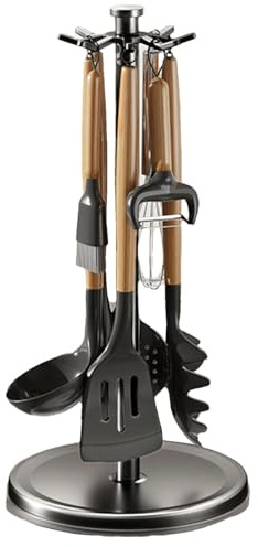 Kitchen Utensil Stand - Rotating Utensil Holder, Space Saving Kitchen Organizer | Detachable Utensil Storage Rack With 8 Hooks, 360 Degree Rotatable Kitchen Tool Holder for Spoons Spatulas Whisks