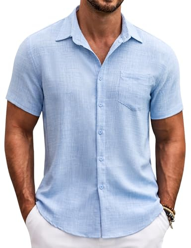 COOFANDY Blusa Varonil estío Manga Breve Tela Suave diseño Hawaiano Tiempo Libre Bolsillo Superior Azul Claro L