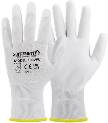 SUPREMETTF Supremely Tough 24 Pairs White Men's Safety Work Gloves - PU Coated Nylon for Gardening, Warehouse and Building (Large-9)