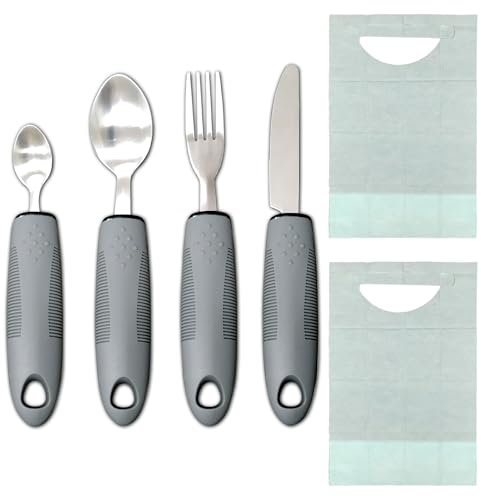 KASURE 4Pcs Easy Grip Cutlery for Arthritic Hands, Extra Wide Handles Anti Slip Disability Aids with Knife Fork Spoon, Adaptive Cutlery for Elderly Arthritis Parkinson Disabled People