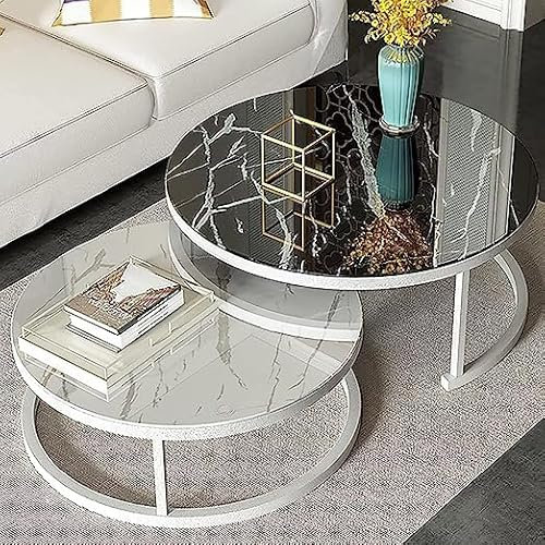 Satztische, 2er-Set, rund, Couchtisch, Schreibtisch/Satztisch, gehärtetes Glas und Metall, Sofatisch, Mitteltische, Wohnzimmer