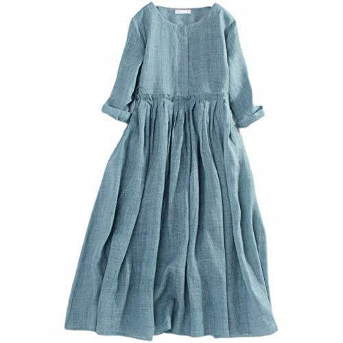 Generisch 2025 - Robe Femme Lin Printemps Été Col Rond Plissé Cordon de Tirage Manches à Sept Points pour Montrer Robe Longue Élégante Décontractée Robe de Mariée Invitée Femme Jusqu'à, bleu, XX-Large
