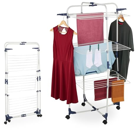 Relaxdays Stendibiancheria Verticale, Stendino Pieghevole a Torre con Ruote, 33 m Asciugatura, HLP: 135x70x70 cm, Ferro