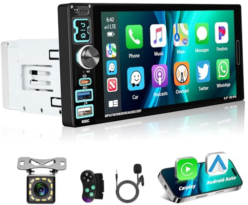 Motorsi Radio stereo per auto CarPlay cablata Single Din con Bluetooth, audio per auto con touch screen da 6,9 1 din, supporto Android Auto, Mirror Link, ricevitore FM, controllo audio EQ, USB/TF/AUX