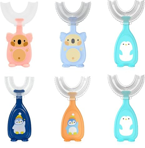 HOPEYMY26 6-Teiliges Set Zahnbürste Kinder, Baby Zahnbürste U-Förmige Kinderzahnbürsten für Kinder von 2 Bis 6 Jahren, 360°-Mundpflege, Zahnfleischmassage, Rundumreinigung (Blau, Orange, Rosa)