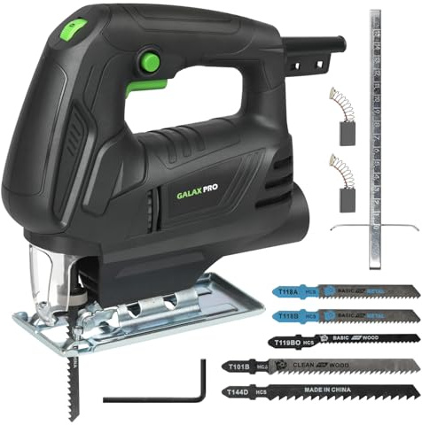 GALAX PRO Stichsäge 500W mit LED-Beleuchtung, 0-3000 U/min, 6-stufiger Drehzahlregelung, inkl. Holzsägeblätter, Metallsägeblätter, Führungsschiene und Kohlebürsten - für Holz/Metall/Kunststoff